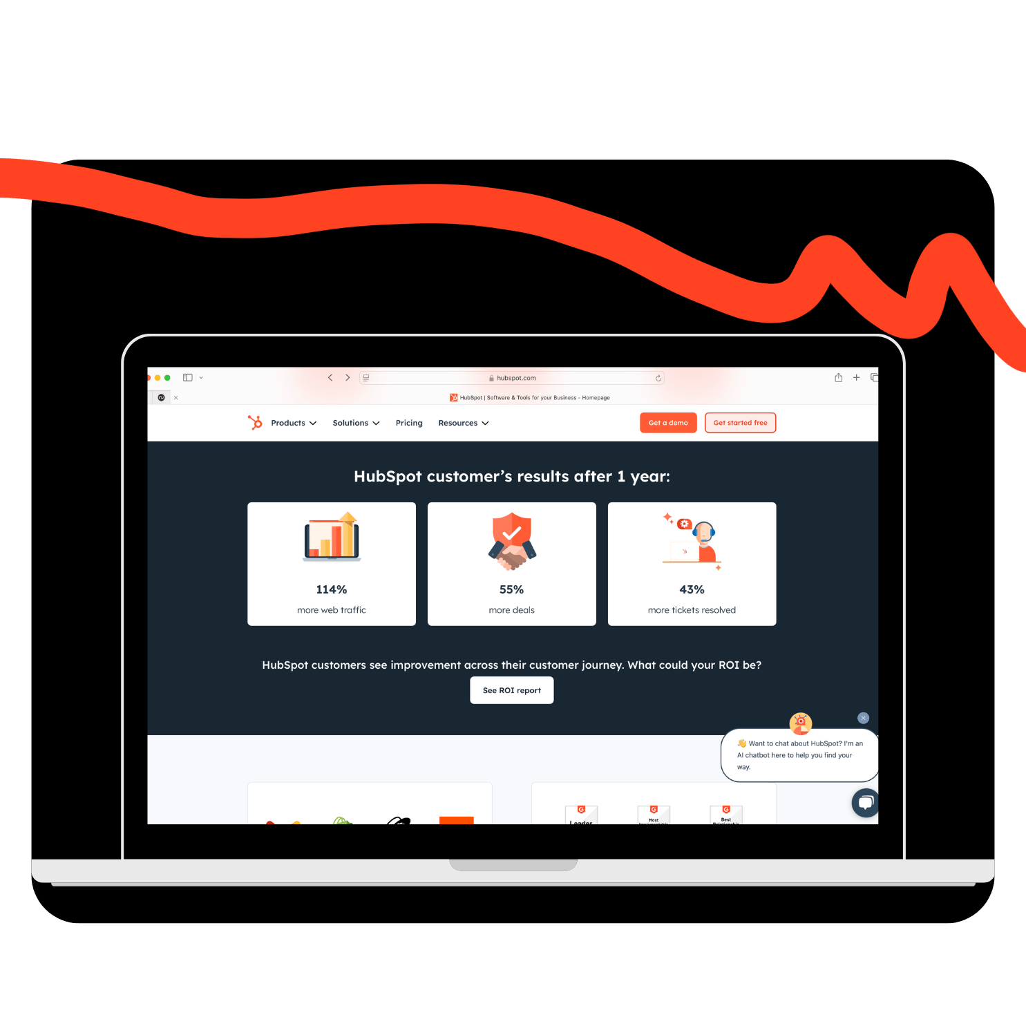 Laptop screen showing HubSpot performance metrics; 114% more web traffic, 55% more deals, and 43% more tickets resolved  results Cofire AI helps small businesses achieve with CRM setup.