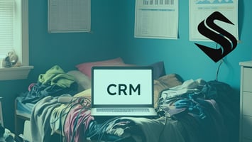 A glowing laptop labeled CRM sits on an unmade bed in a messy teenage bedroom. Clothes, cords, and papers are scattered everywhere. The scene feels chaotic, immature, and unready for responsibility.