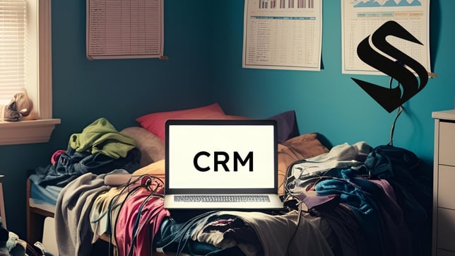 A glowing laptop labeled CRM sits on an unmade bed in a messy teenage bedroom. Clothes, cords, and papers are scattered everywhere. The scene feels chaotic, immature, and unready for responsibility Selkire CRM