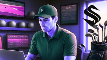 A golfer in a polo and cap sits at a desk in a golf pro’s office, working on a laptop with CRM data on wall monitors, a rack of golf clubs and balls behind him, and Selkire logo displayed.