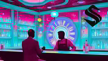 A surreal neon bar scene symbolizing how a CRM like Cofire helps businesses remember personal details that build loyalty. The bartender recognizes the customer instantly, with a glowing clock behind Selkire CRM Business management