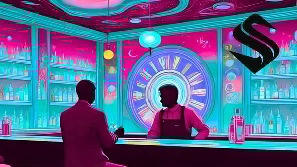 A surreal neon bar scene symbolizing how a CRM like Cofire helps businesses remember personal details that build loyalty. The bartender recognizes the customer instantly, with a glowing clock behind them representing perfect timing and