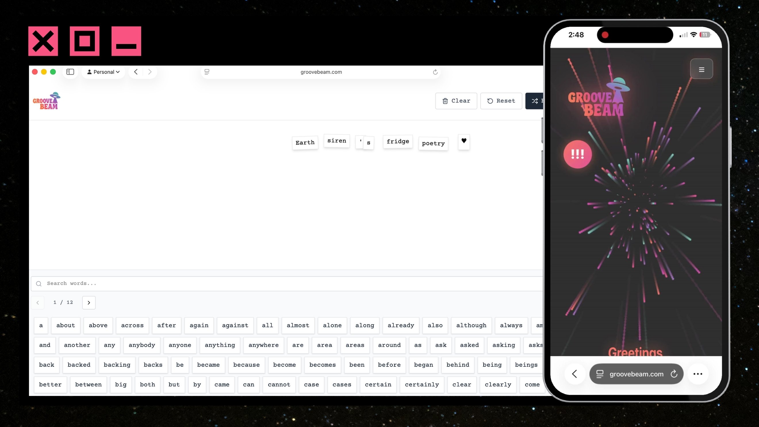 Desktop and mobile views of Groovebeam’s interactive fridge poetry module, showing draggable word tiles on desktop and a colorful animated mobile interface that turns visitors into active participants.