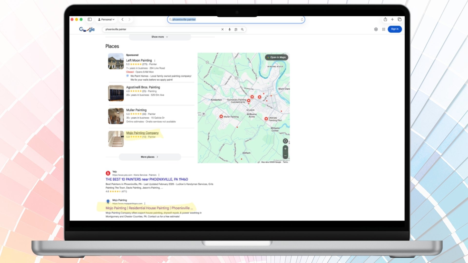 Google search results for “Phoenixville painter” showing the local map pack at the top and organic results below, with Mojo Painting Co appearing on page one under a Yelp listing, alongside cluste