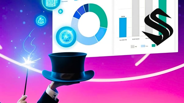 Magician holding a top hat and wand onstage, conjuring glowing CRM data charts and analytics visuals. Cofire.ai logo appears over the dashboard. Celestial-themed, neon-lit background suggests digital magic and tech precision Selkire smart CRM