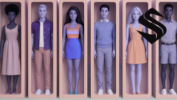 Six diverse fashion dolls in pink boxes, styled to reflect CRM red flags and toxic tools. Each represents a different flaw hurting your pipeline. Pastel background, colorful outfits, playful tone. Selkire CRM