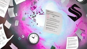 Split image with floating papers and clocks in space on the left, and a tidy desk with a computer under star constellations on the right. Left side shows chaos, right side shows focus. Selkire logo appears in the sky above the desk.