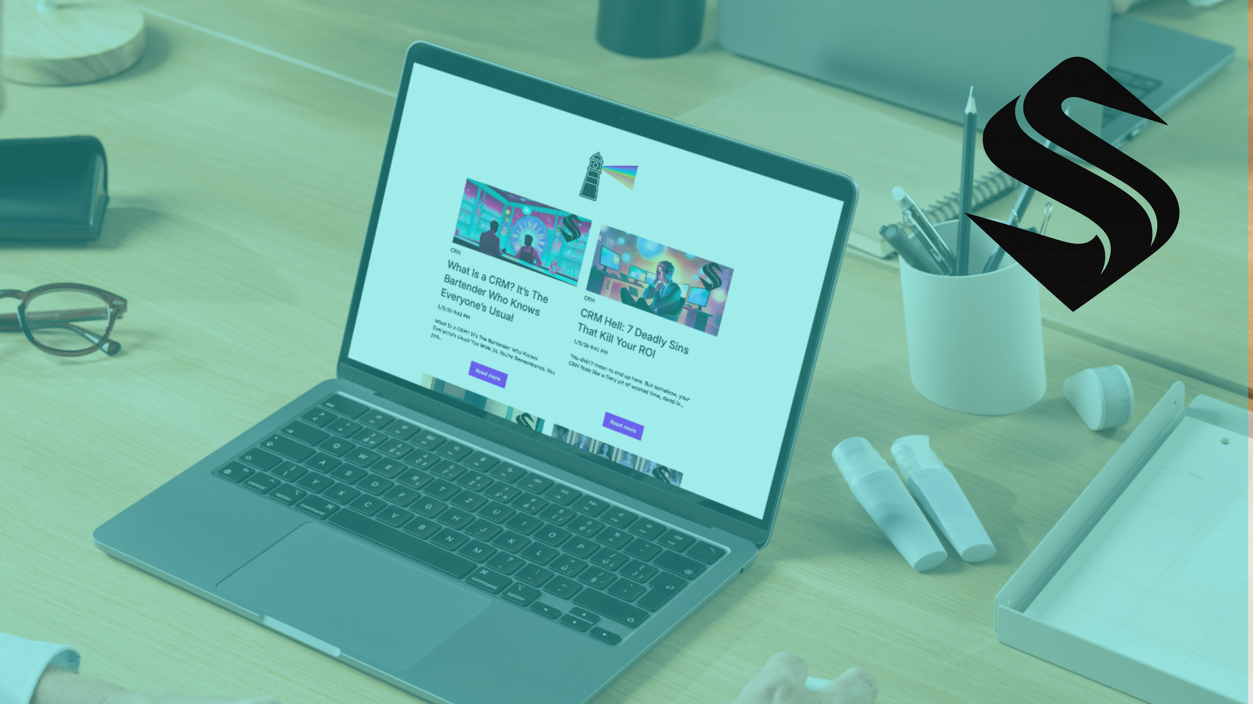 Selkire blog showing featured CRM articles with illustrated graphics, including posts on what a CRM is and common CRM mistakes that impact ROI