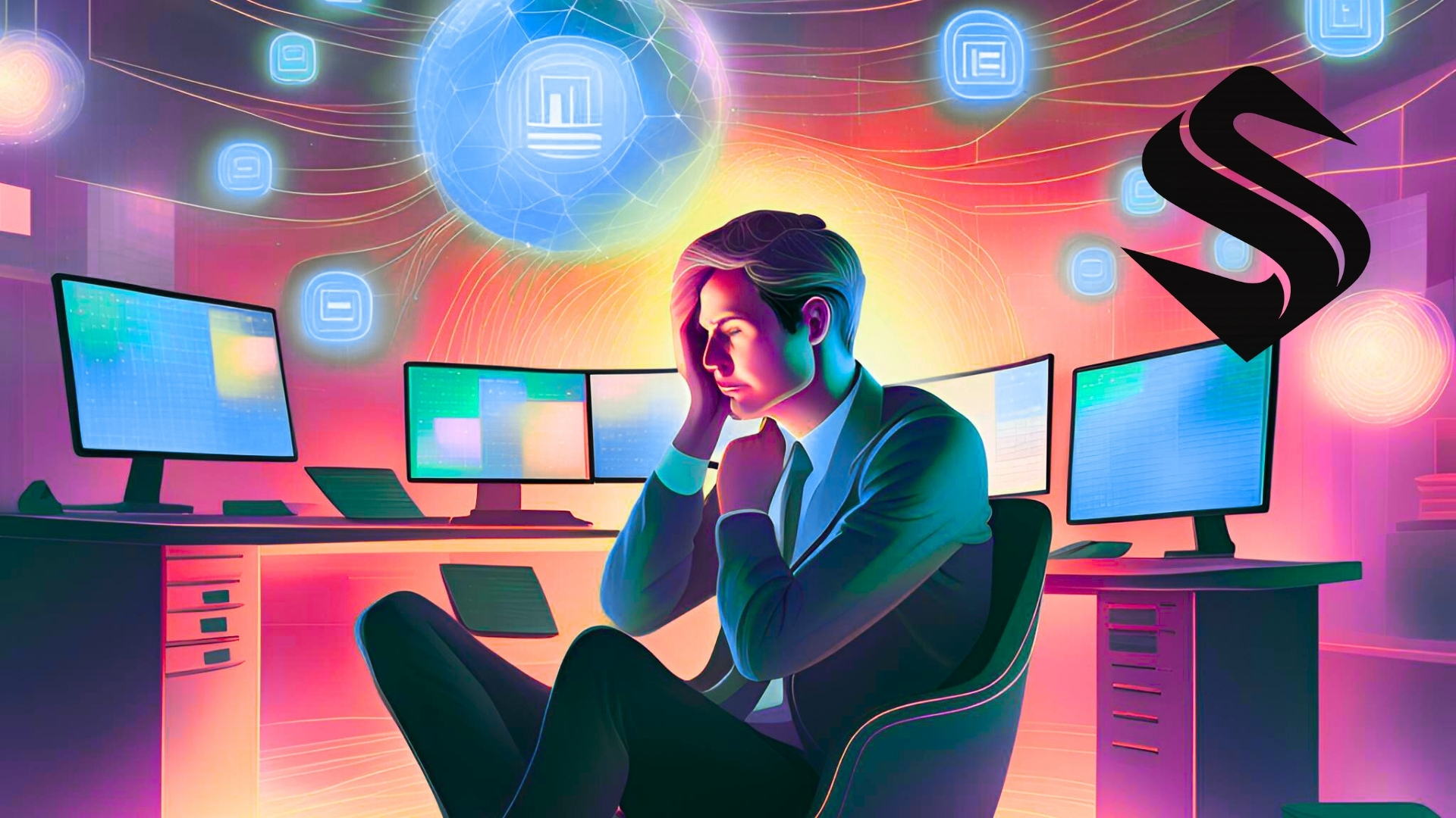 A stressed business owner sits at a desk surrounded by glowing screens and chaotic digital icons, overwhelmed by CRM confusion. The scene has a surreal, cosmic feel. Selkire logo in corner. | Selkire