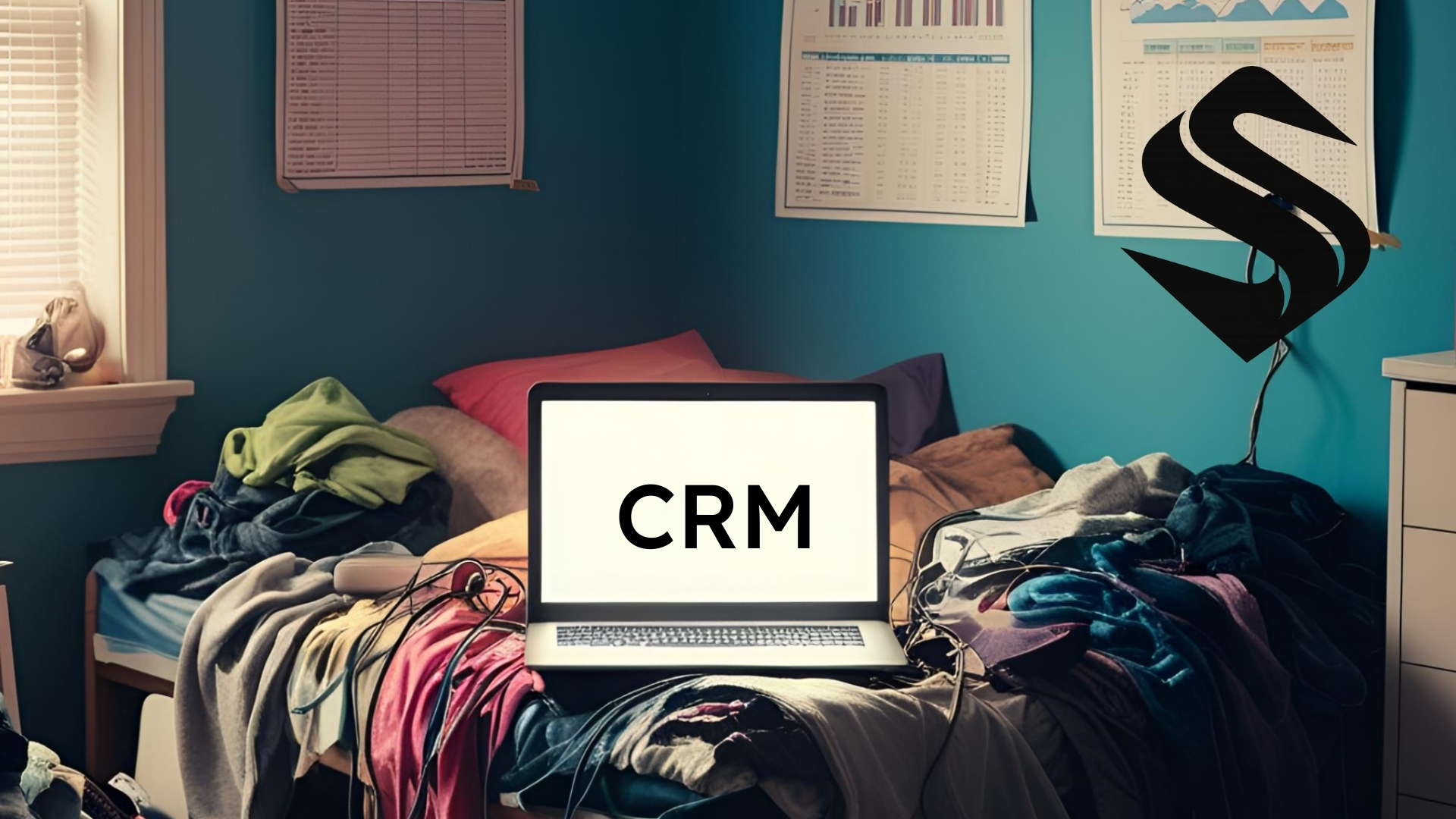 A glowing laptop labeled CRM sits on an unmade bed in a messy teenage bedroom. Clothes, cords, and papers are scattered everywhere. The scene feels chaotic, immature, and unready for responsibility.