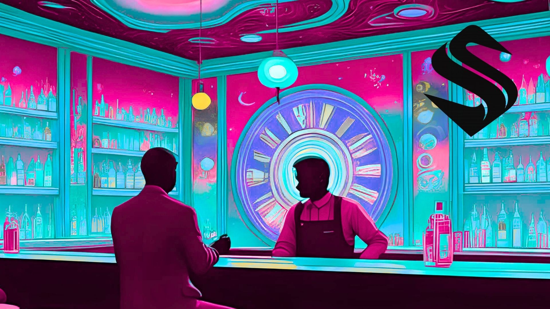 A surreal neon bar scene symbolizing how a CRM like Cofire helps businesses remember personal details that build loyalty. The bartender recognizes the customer instantly, with a glowing clock behind Selkire CRM Business management