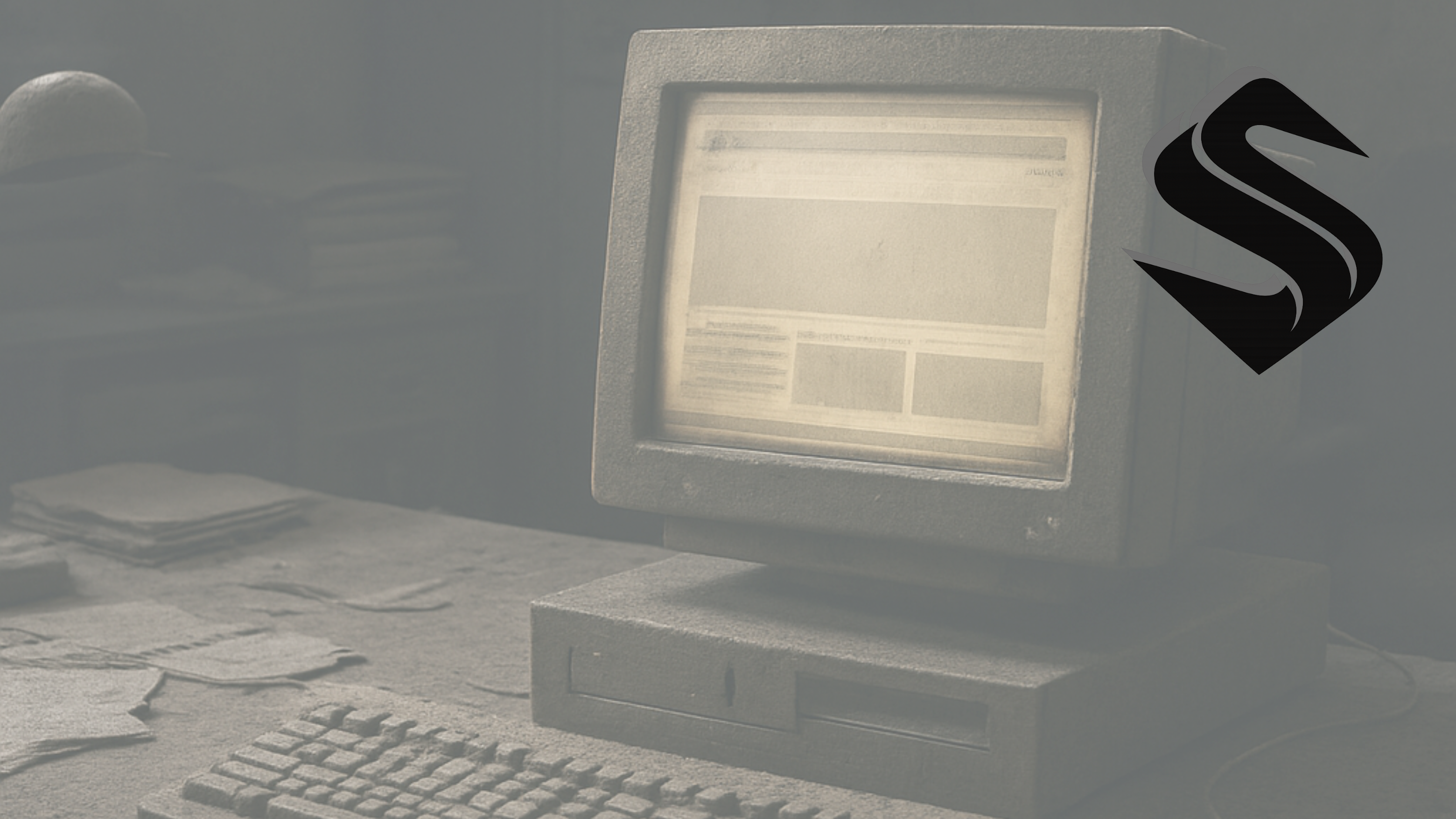 Dusty office with an old desktop computer displaying a dated static website interface