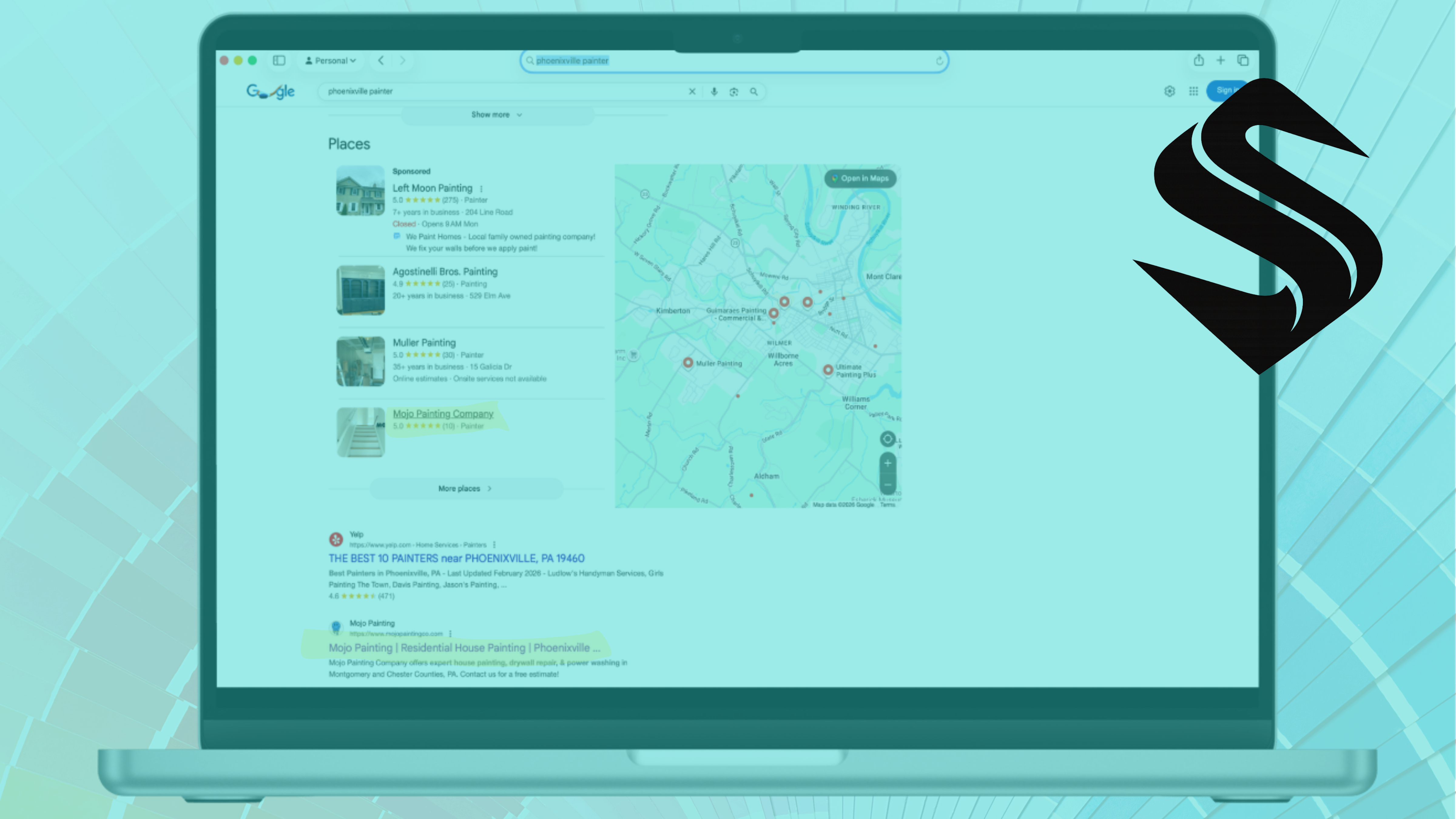 Google search results for “Phoenixville painter” showing the local map pack at the top and organic results below, with Mojo Painting Co appearing on page one under a Yelp listing, alongside cluster