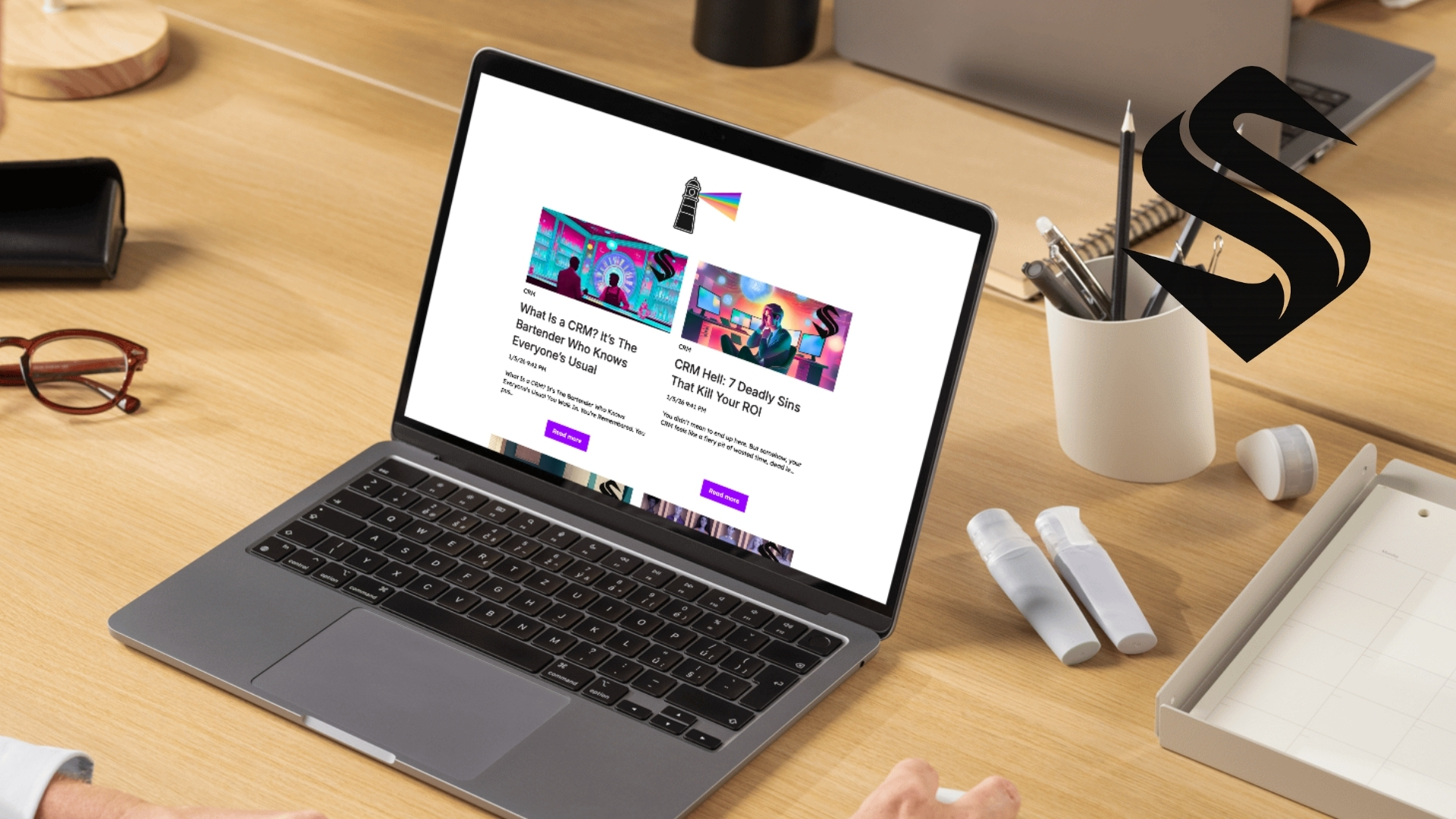 Selkire blog showing featured CRM articles with illustrated graphics, including posts on what a CRM is and common CRM mistakes that impact ROI